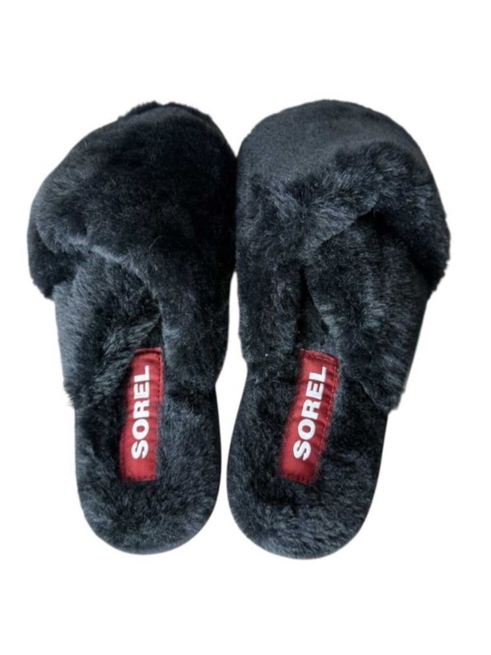 SOREL Go Mail Run Black Faux Fur Fuzzy Cozy Slippers Slip On Slide Size 11